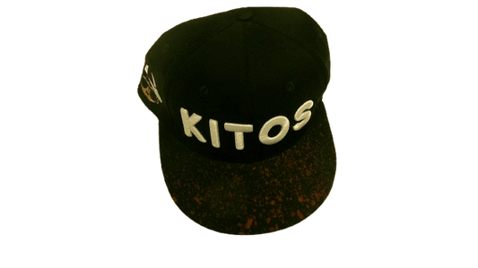 BLACK SPLASH SNAPBACK black kitos hat with custom brim and gold color design, adjustable snapback fit.