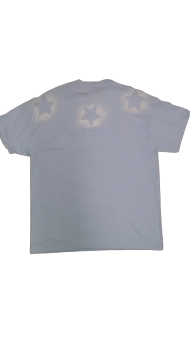 Kitos star t-shirts showing the back with three star designs on a light blue soft cotton fabric.
